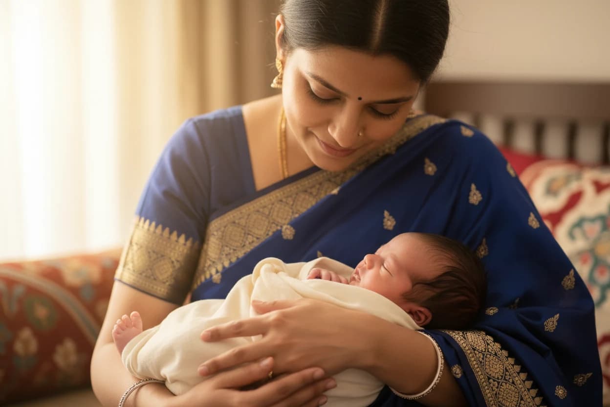 A mother lovingly holds her baby