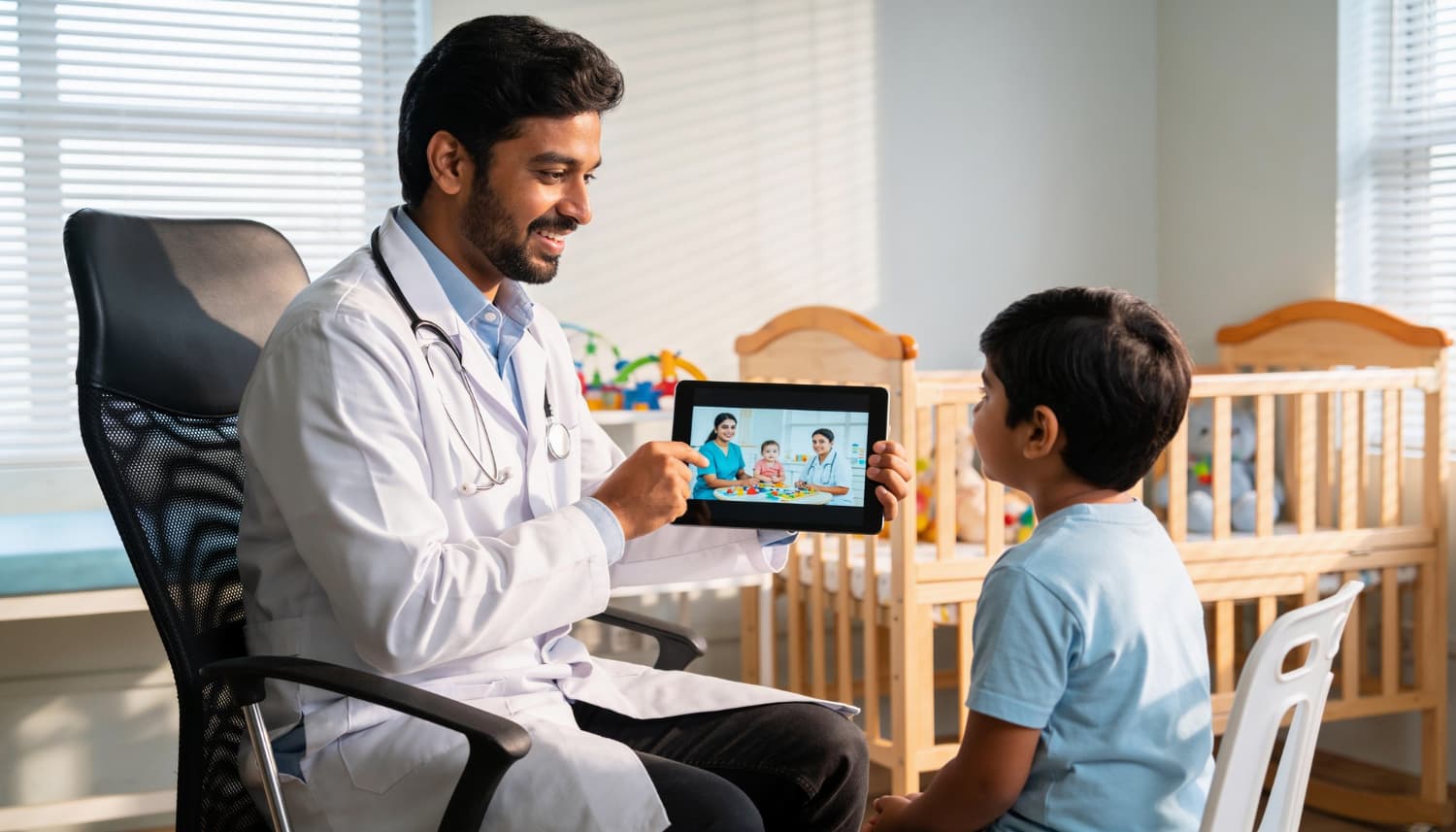 Developmental paediatrician talking with a young child