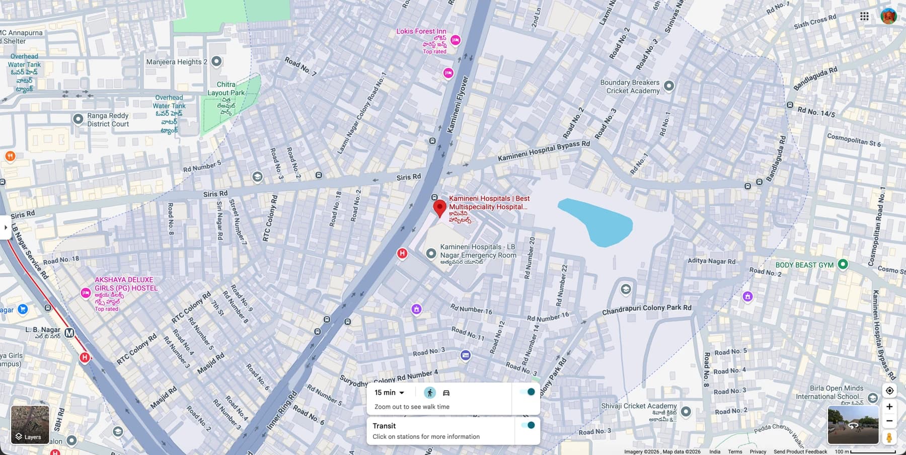 Map of Hyderabad showing Mbrace Hospital