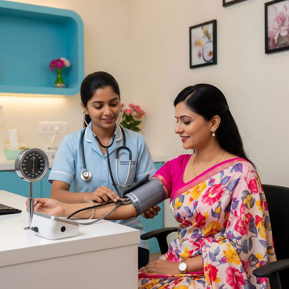 Indian woman receiving a blood pressure check during pregnancy