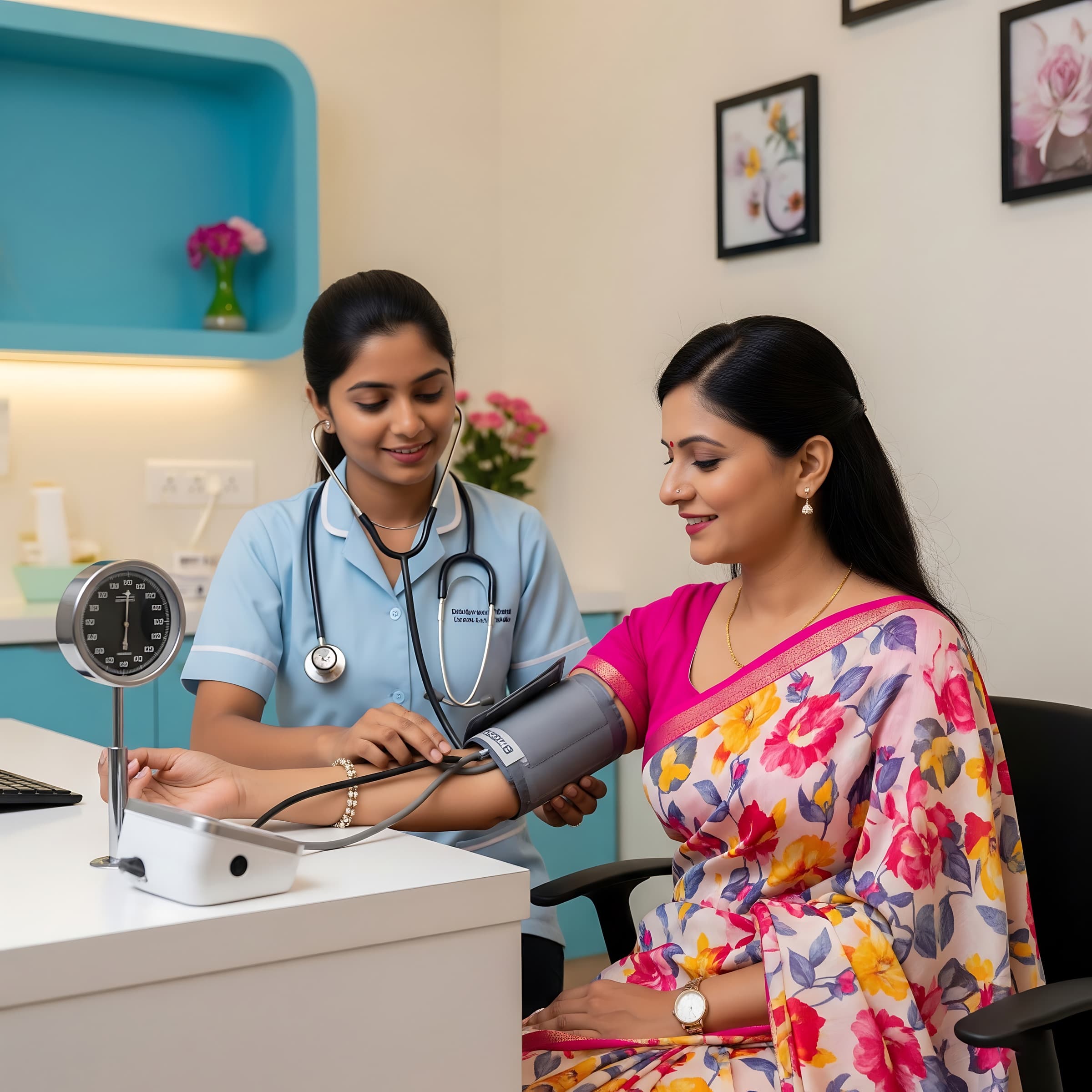 Nurse checking a woman's blood pressure